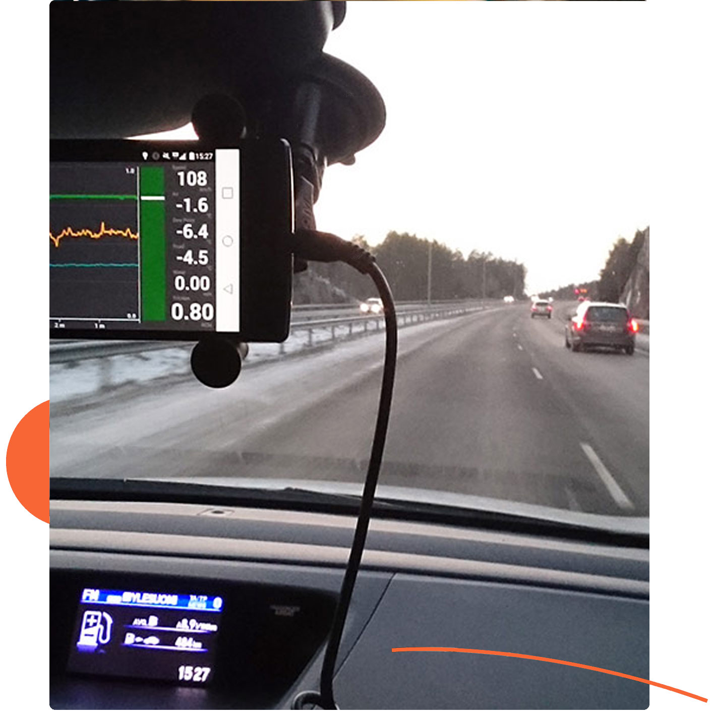 Mobile road surface temperature sensor software on mobile device in moving vehicle